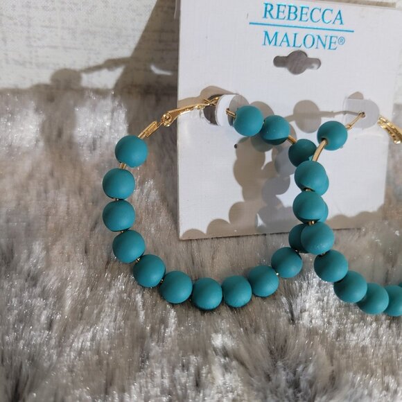 Rebecca Malone Turquoise Beaded Hoop Earrings Gold Tone Lightweight Statement - Picture 2 of 3